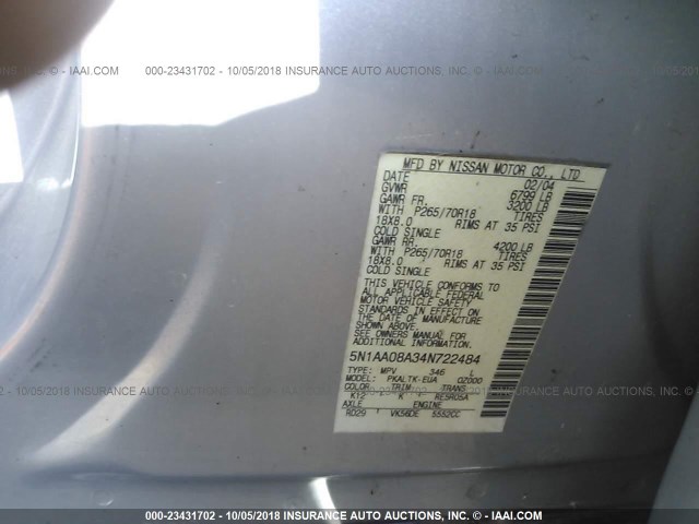 5N1AA08A34N722484 - 2004 NISSAN ARMADA SE/LE SILVER photo 9