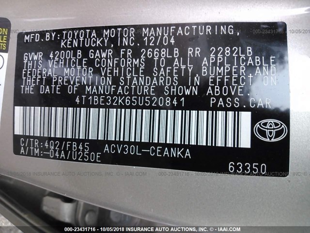 4T1BE32K65U520841 - 2005 TOYOTA CAMRY LE/XLE/SE TAN photo 9