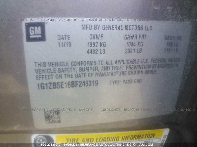 1G1ZB5E16BF243319 - 2011 CHEVROLET MALIBU LS 灰色 照片 9