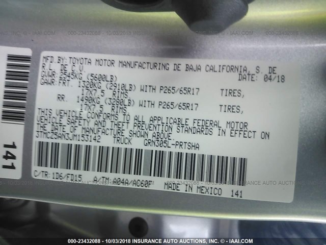 3TMCZ5AN3JM153142 - 2018 TOYOTA TACOMA DBL CAB/SR/TRDSPT/OR/PRO Күміс фото 9