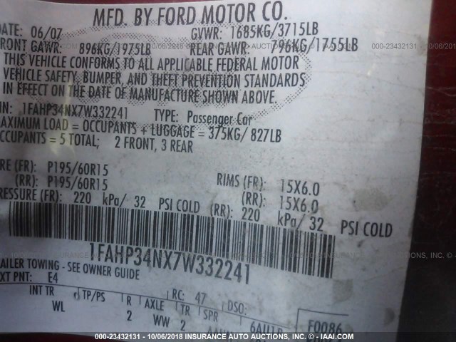 1FAHP34NX7W332241 - 2007 FORD FOCUS ZX4/S/SE/SES Қызыл фото 9