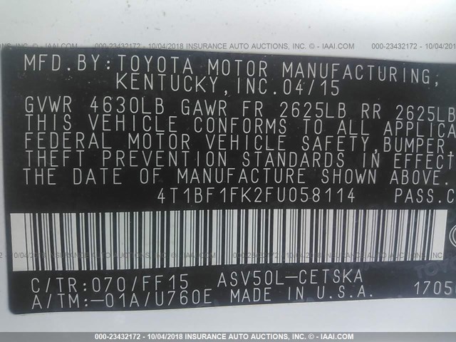 4T1BF1FK2FU058114 - 2015 TOYOTA CAMRY LE/XLE/SE/XSE 白色 照片 9