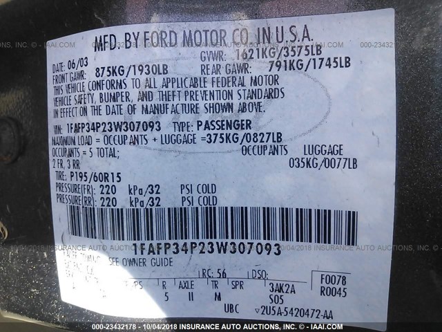 1FAFP34P23W307093 - 2003 FORD FOCUS SE/SE COMFORT/SE SPORT 灰色 照片 9