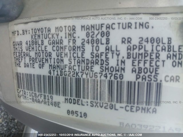 4T1BG22K7YU674760 - 2000 TOYOTA CAMRY CE/LE/XLE 银色 照片 9
