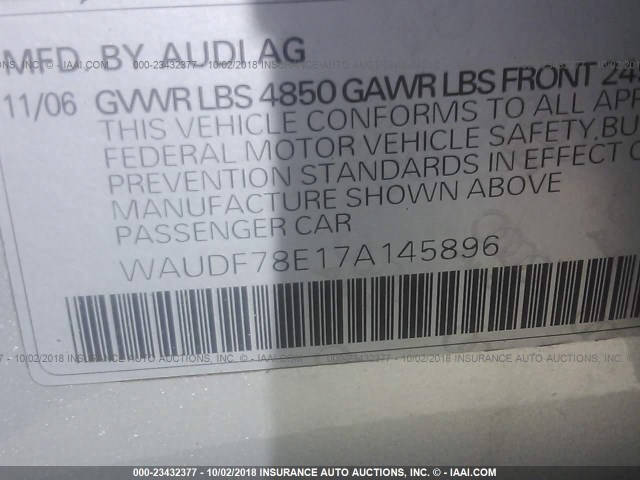 WAUDF78E17A145896 - 2007 AUDI A4 2.0T QUATTRO SILVER photo 9