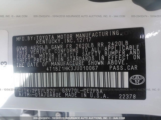 4T1BZ1HK3JU010067 - 2018 TOYOTA CAMRY XSE/XLE Ağ foto 9