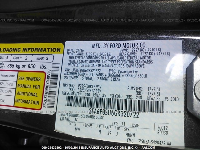 3FA6P0SU6GR320722 - 2016 FORD FUSION TITANIUM PHEV GRAY photo 9