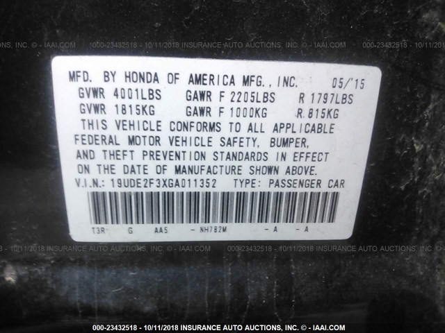 19UDE2F3XGA011352 - 2016 ACURA ILX WATCH PLUS BLACK photo 9