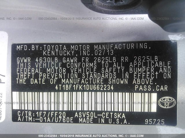 4T1BF1FK1DU662234 - 2013 TOYOTA CAMRY L/SE/LE/XLE 银色 照片 9