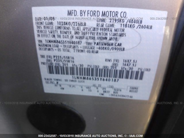 1LNHM86S35Y640187 - 2005 LINCOLN LS SILVER photo 9