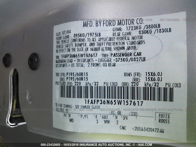 1FAFP36N65W157617 - 2005 FORD FOCUS ZXW SILVER photo 9