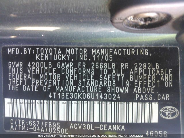 4T1BE30K06U143024 - 2006 TOYOTA CAMRY LE/XLE/SE Сұр фото 9