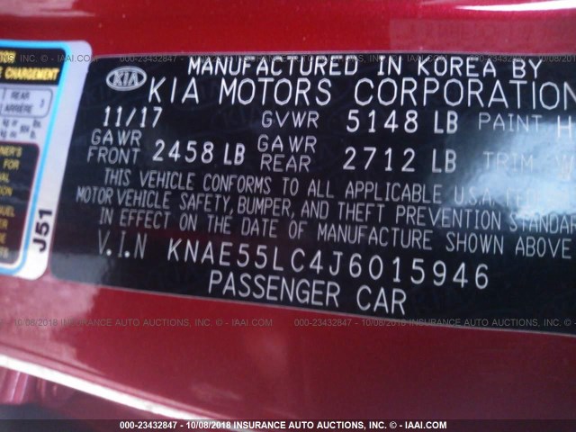 KNAE55LC4J6015946 - 2018 KIA STINGER GT2 RED photo 9