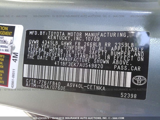 4T1BF3EK7AU549820 - 2010 TOYOTA CAMRY SE/LE/XLE 绿色 照片 9