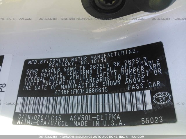 4T1BF1FK0FU886615 - 2015 TOYOTA CAMRY LE/XLE/SE/XSE 白色 照片 9