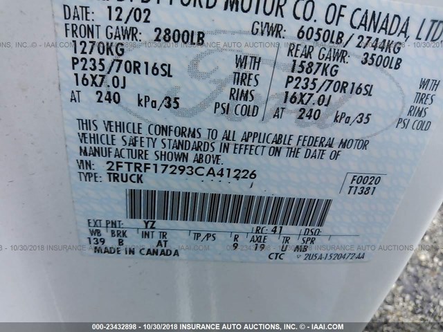 2FTRF17293CA41226 - 2003 FORD F150 WHITE photo 9