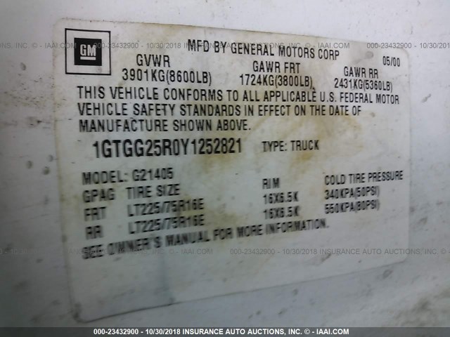 1GTGG25R0Y1252821 - 2000 GMC SAVANA G2500 WHITE photo 9