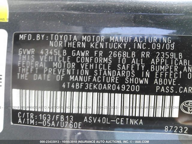 4T4BF3EK0AR049200 - 2010 TOYOTA CAMRY SE/LE/XLE 灰色 照片 9