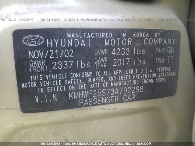 KMHWF25S73A792298 - 2003 HYUNDAI SONATA GL GOLD photo 9