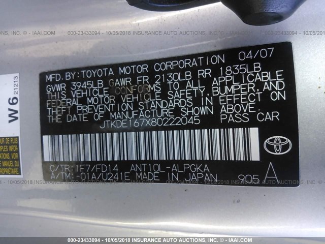 JTKDE167X80222045 - 2008 TOYOTA SCION TC 银色 照片 9