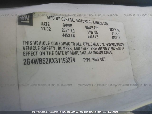 2G4WB52KX31193374 - 2003 BUICK REGAL LS WHITE photo 9