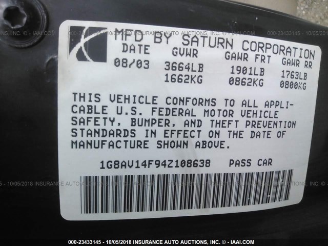 1G8AV14F94Z108638 - 2004 SATURN ION LEVEL 3 BLACK photo 9
