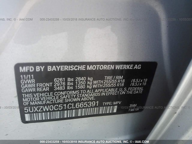 5UXZW0C51CL665391 - 2012 BMW X5 XDRIVE35D SILVER photo 9