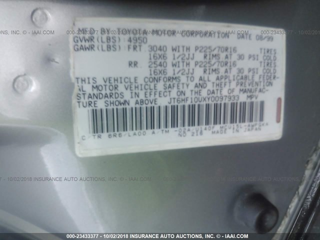 JT6HF10UXY0097933 - 2000 LEXUS RX 300 GRAY photo 9