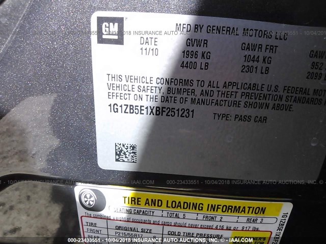 1G1ZB5E1XBF251231 - 2011 CHEVROLET MALIBU LS Qara foto 9