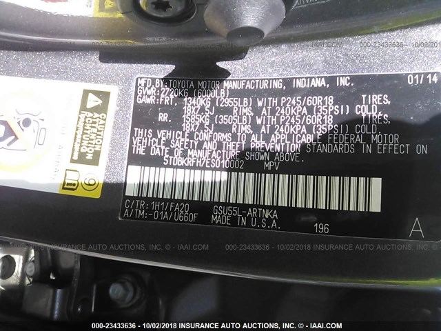 5TDBKRFH7ES010002 - 2014 TOYOTA HIGHLANDER LE/LE PLUS ნაცრისფერი ფოტო 9