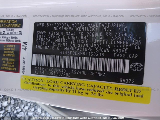4T4BF3EK2BR160316 - 2011 TOYOTA CAMRY SE/LE/XLE თეთრი ფოტო 9