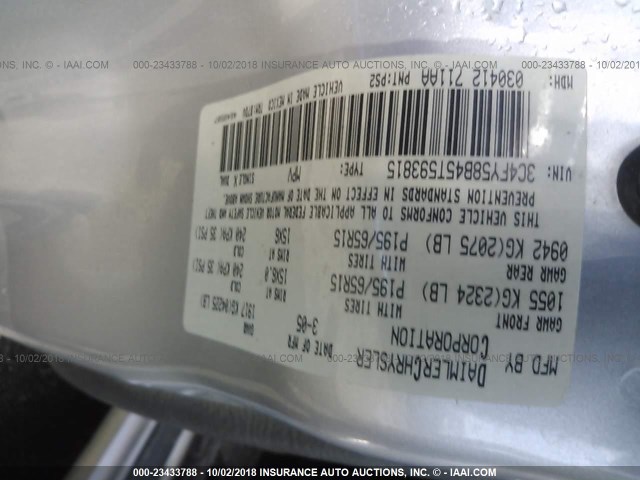 3C4FY58B45T593815 - 2005 CHRYSLER PT CRUISER TOURING SILVER photo 9