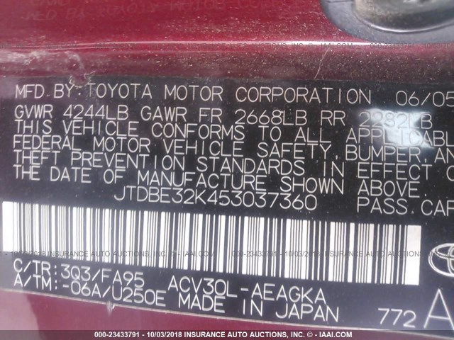 JTDBE32K453037360 - 2005 TOYOTA CAMRY LE/XLE/SE 红色 照片 9