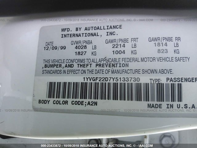 1YVGF22D7Y5133730 - 2000 MAZDA 626 ES/LX WHITE photo 9