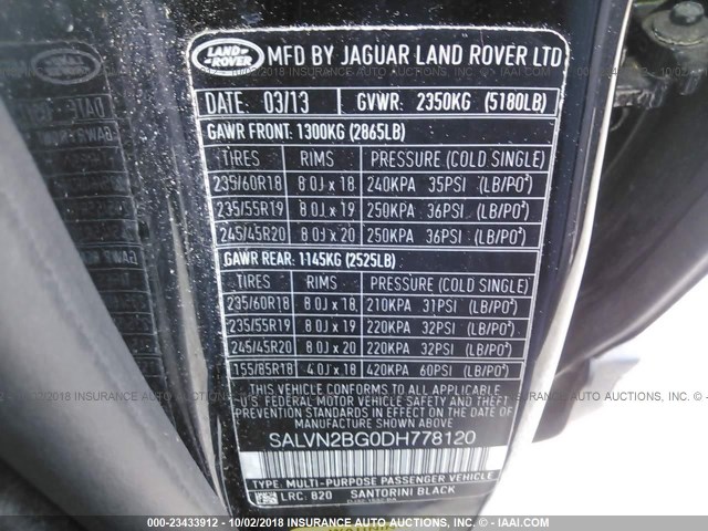 SALVN2BG0DH778120 - 2013 LAND ROVER RANGE ROVER EVOQU PURE BLACK photo 9