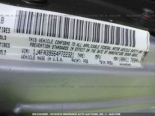 1J4FA39S64P722321 - 2004 JEEP WRANGLER X SILVER photo 9