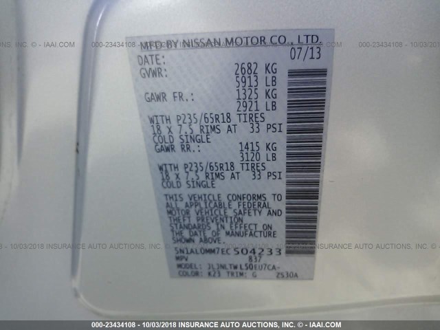 5N1AL0MM7EC504233 - 2014 INFINITI QX60 SILVER photo 9