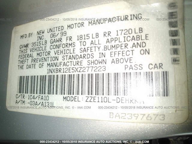 1NXBR12E5XZ277223 - 1999 TOYOTA COROLLA VE/CE/LE 银色 照片 9