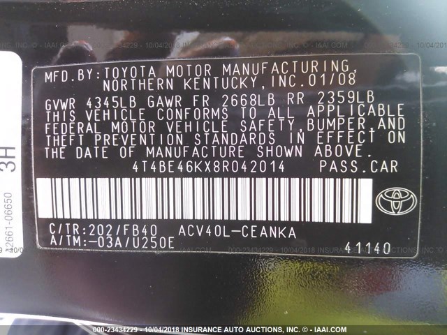 4T4BE46KX8R042014 - 2008 TOYOTA CAMRY CE/LE/XLE/SE BLACK photo 9