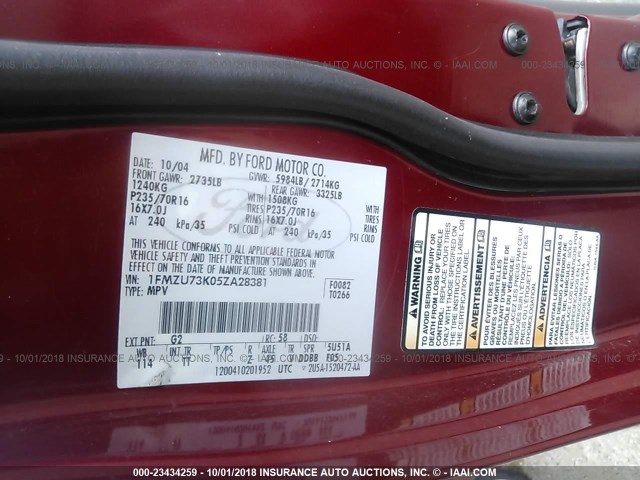 1FMZU73K05ZA28381 - 2005 FORD EXPLORER XLT/XLT SPORT/NBX 红色 照片 9