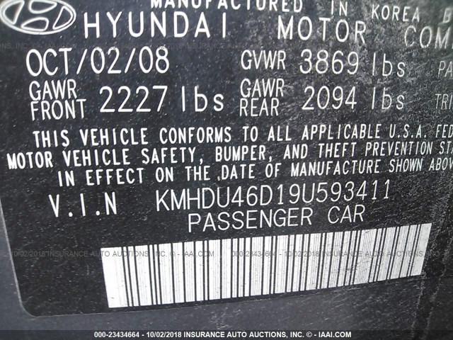 KMHDU46D19U593411 - 2009 HYUNDAI ELANTRA GLS/SE GRAY photo 9