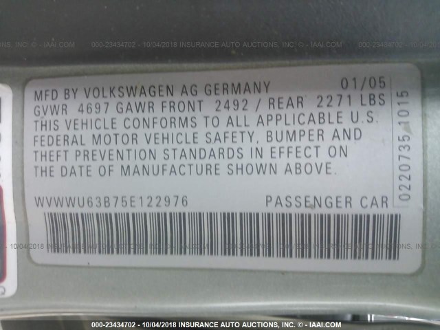 WVWWU63B75E122976 - 2005 VOLKSWAGEN PASSAT GLX 绿色 照片 9