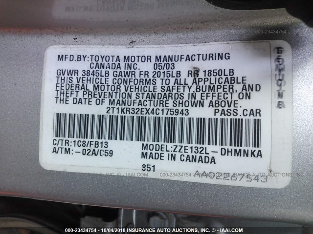 2T1KR32EX4C175943 - 2004 TOYOTA COROLLA MATRIX XR SILVER photo 9