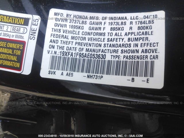 19XFA1F95AE053630 - 2010 HONDA CIVIC EXL 黑色 照片 9