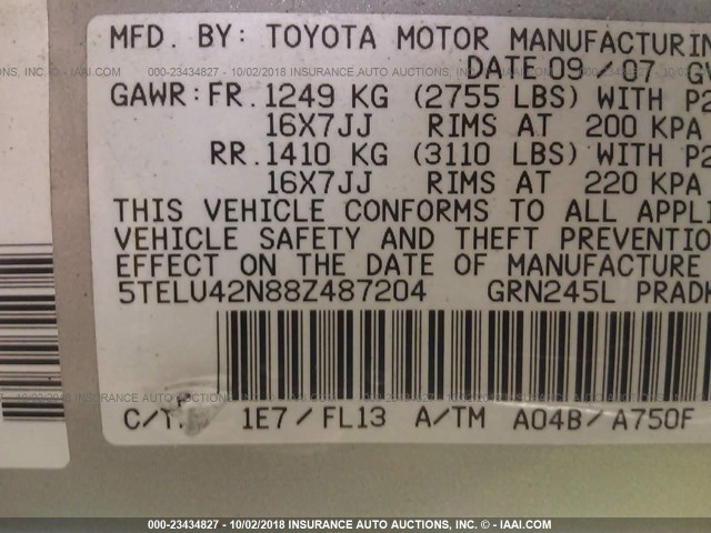 5TELU42N88Z487204 - 2008 TOYOTA TACOMA DOUBLE CAB 银色 照片 9