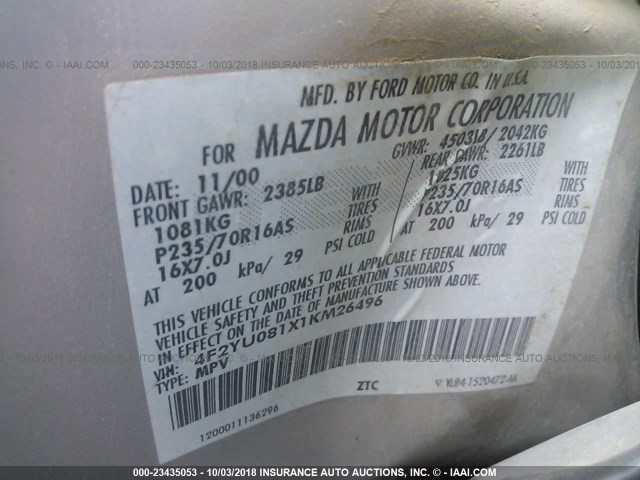 4F2YU081X1KM26496 - 2001 MAZDA TRIBUTE LX/ES 金色 照片 9