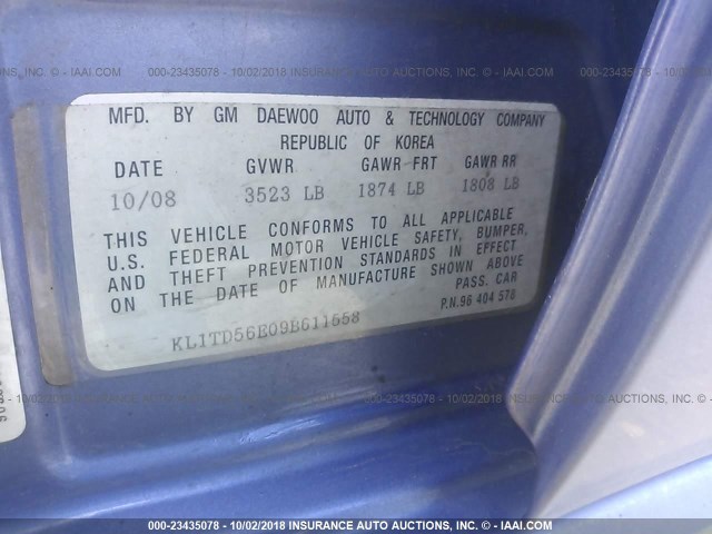 KL1TD56E09B611558 - 2009 CHEVROLET AVEO LS/LT 蓝色 照片 9