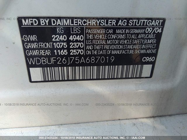 WDBUF26J75A687019 - 2005 MERCEDES-BENZ E 320 CDI WHITE photo 9