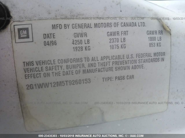 2G1WW12M5T9260153 - 1996 CHEVROLET MONTE CARLO LS WHITE photo 9