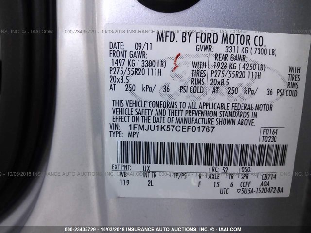 1FMJU1K57CEF01767 - 2012 FORD EXPEDITION LIMITED SILVER photo 9